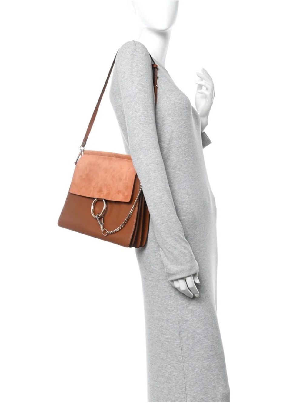 CHLOE Calfskin Suede Medium Faye Brown Leather & Nubuck Shoulder Bag - Picture 4 of 10